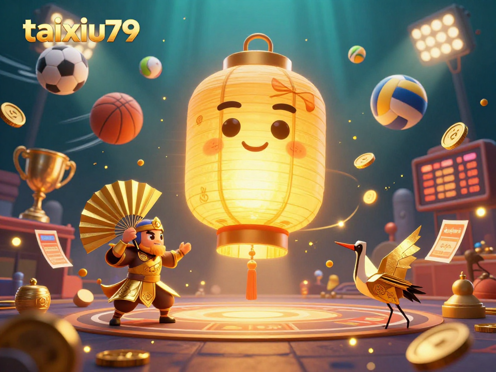 Experience excitement with taixiu79 as it showcases a glowing golden lantern spirit above a vibrant night market casino.