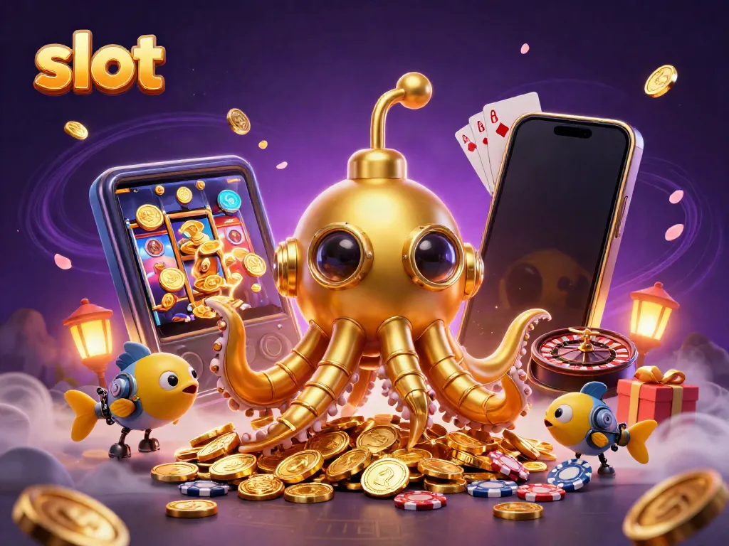 Experience the excitement of slot games with this vibrant kraken-themed casino illustration.