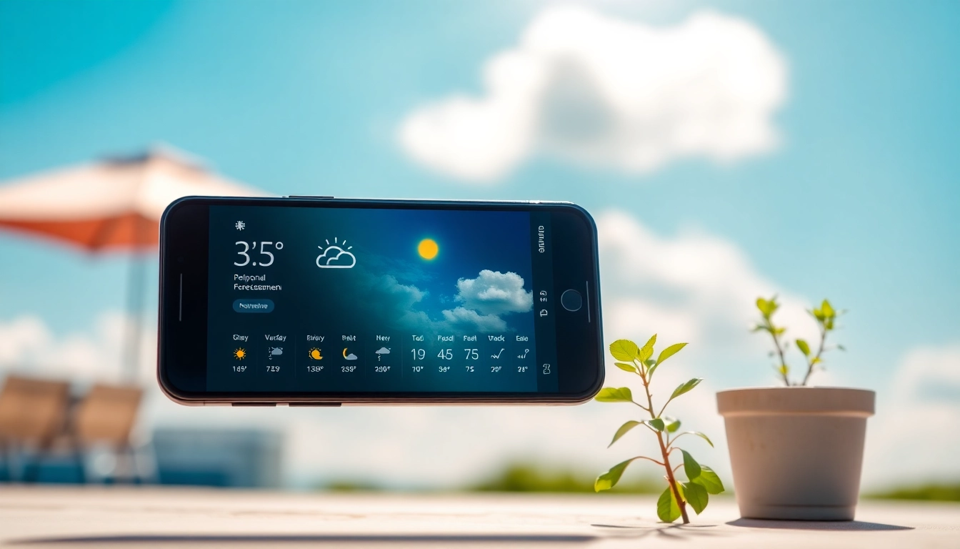 The best weather app for iPhone shown on a smartphone outdoors under a clear sky.