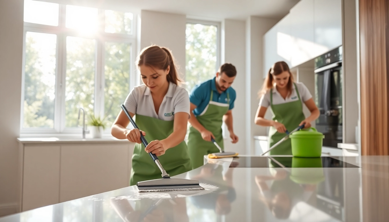Bond cleaning team thoroughly cleans a sparkling kitchen space with natural light.