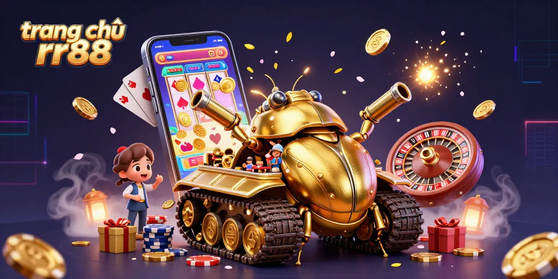 Experience the excitement at trang chủ rr88 with a lavish casino inside a golden beetle tank, vibrant games, and dynamic elements.