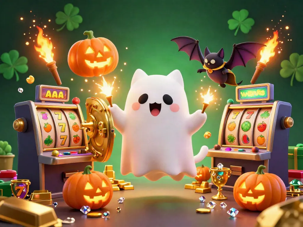 Ilustrasi slot gacor hari ini dengan kucing hantu dan kelelawar, memadukan suasana kasino yang ceria.