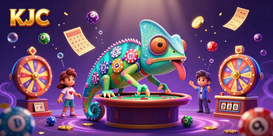 KJC's vibrant casino atmosphere features a colorful chameleon owner engaging with games and golden coins.