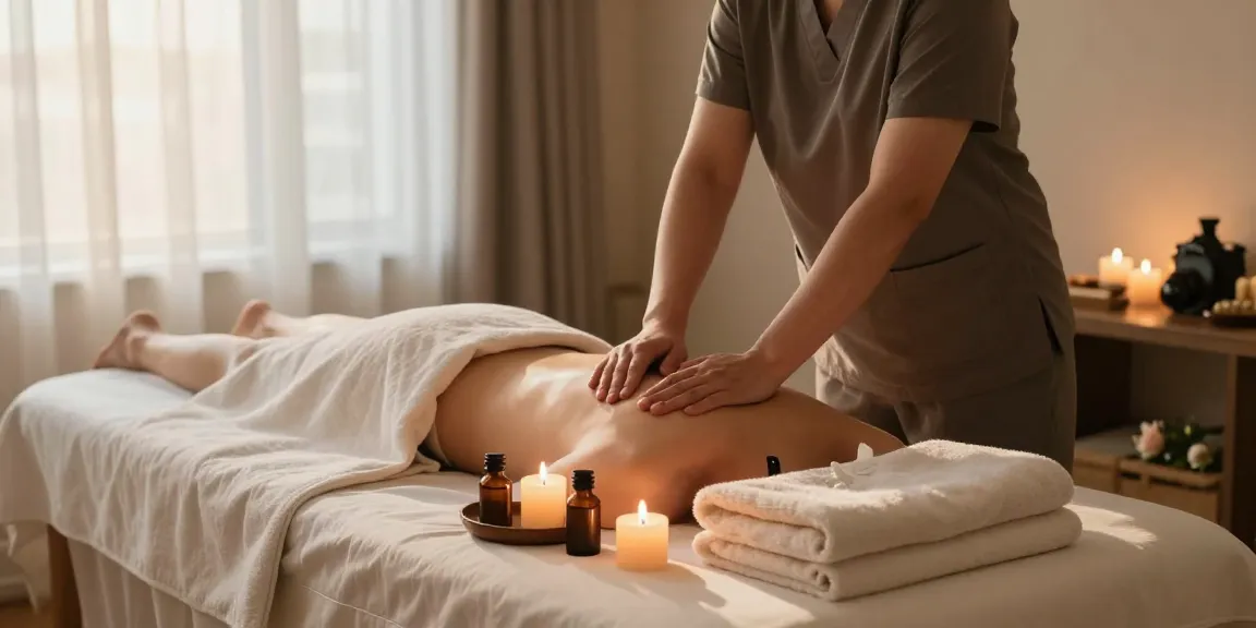 Relaxing home massage therapy setup for 마포출장안마 with soothing oils and candles.