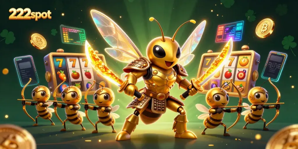 Bermain slot di 222slot dengan ratu serangga emas dan simbol keberuntungan.
