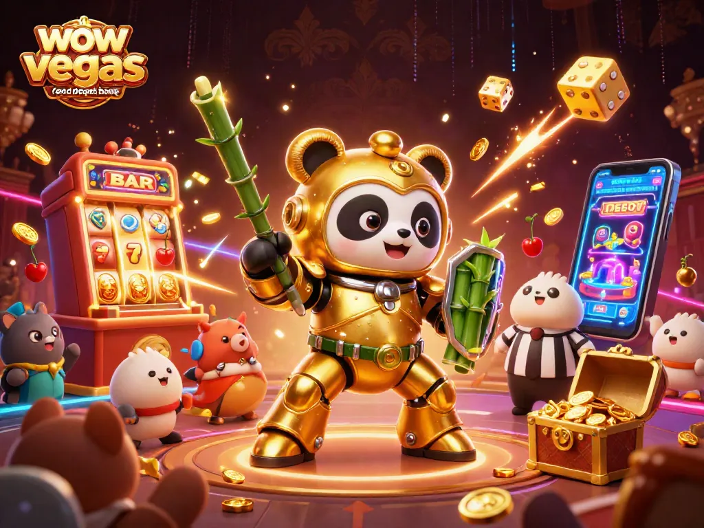 Experience the excitement of wow vegas free sc no deposit bonus as the golden panda battles in a vibrant casino scene.