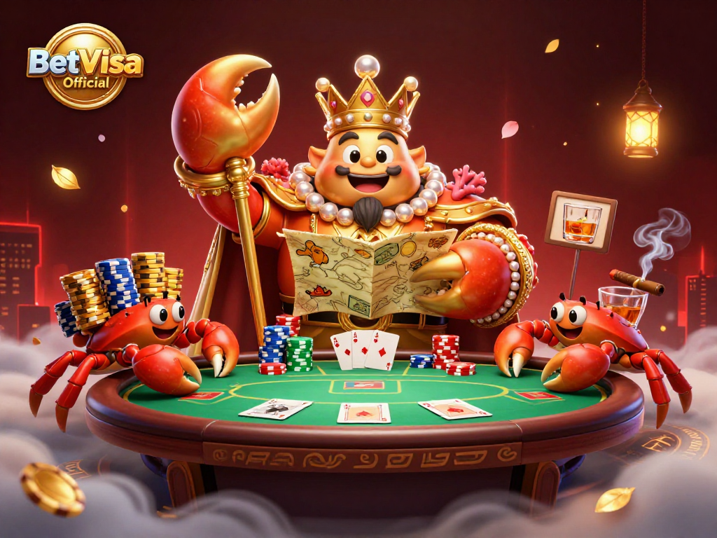 Engage in thrilling gameplay with BetVisa Official featuring a lavish crab emperor surrounded by poker elements!