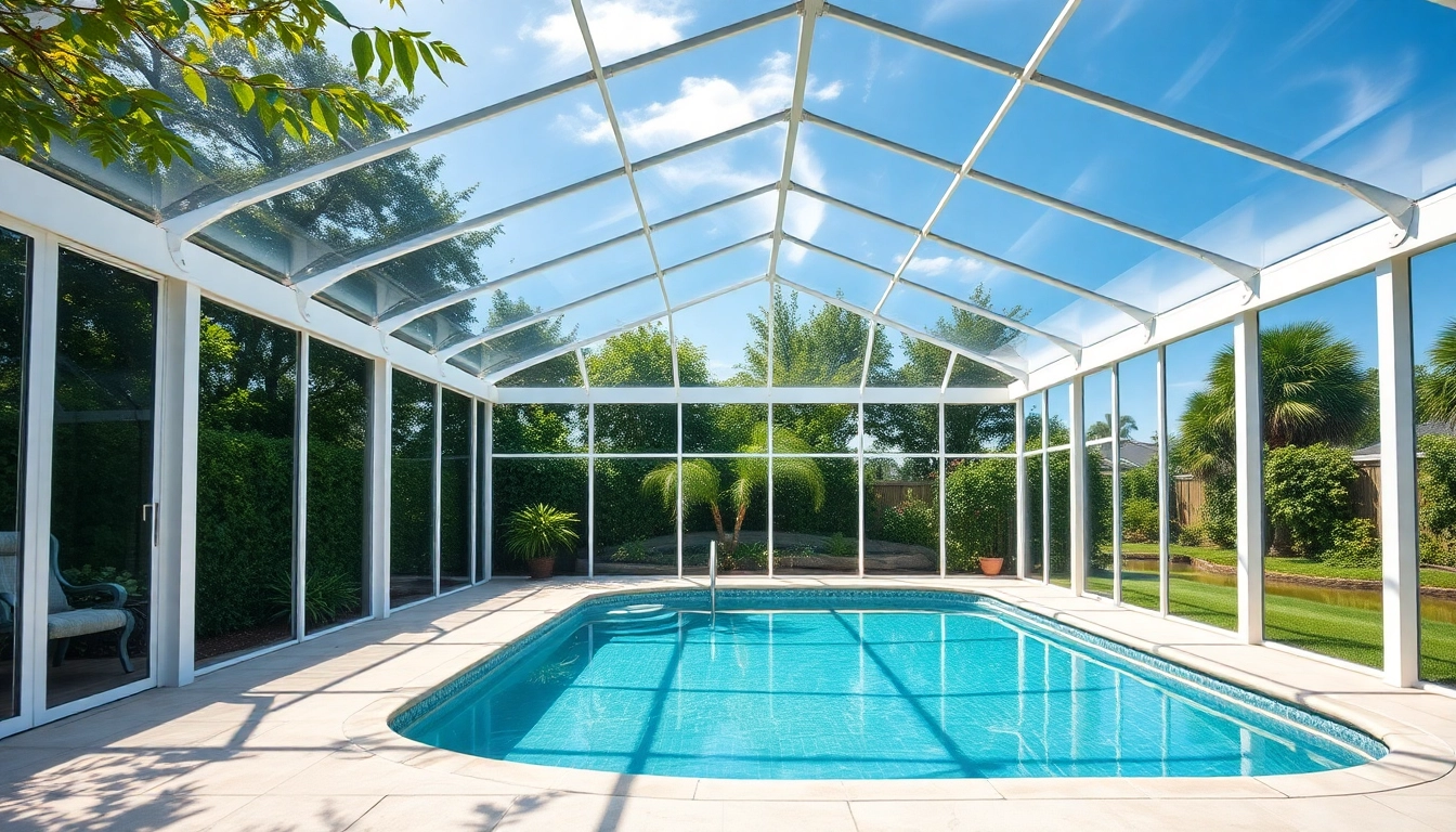 Showcase a stylish pool enclosure surrounded by greenery and bright sunlight.