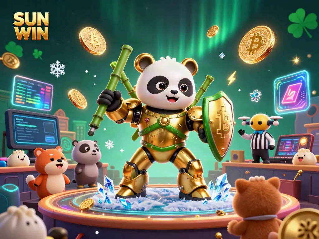 Experience the thrill of SUN WIN at a vibrant casino with cheering animals and unique robot characters.
