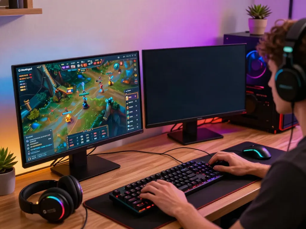 Dewatogel online gaming setup with player engaged in live session, colorful LEDs and gaming gear.