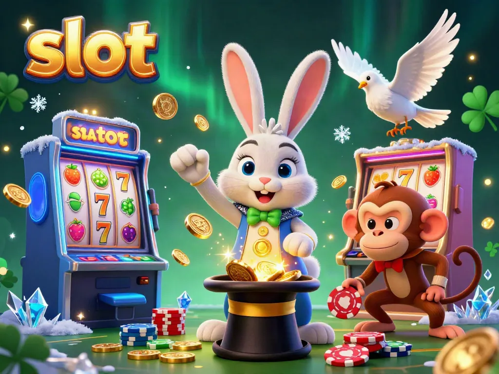 Experience the excitement of slot machines with playful characters in a thrilling casino scene.