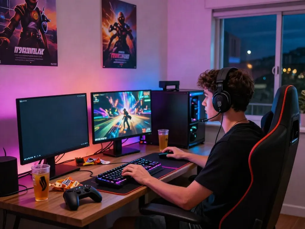Engaged player enjoying qqmacan games in a dynamic gaming setup with colorful LED lights.