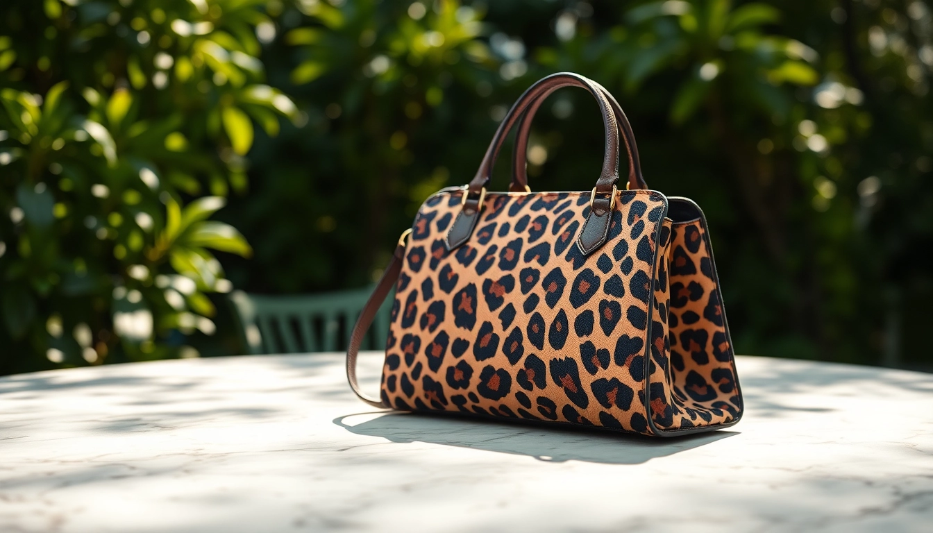 A stylish cheetah print purse elegantly set against a lush garden backdrop, showcasing its design.