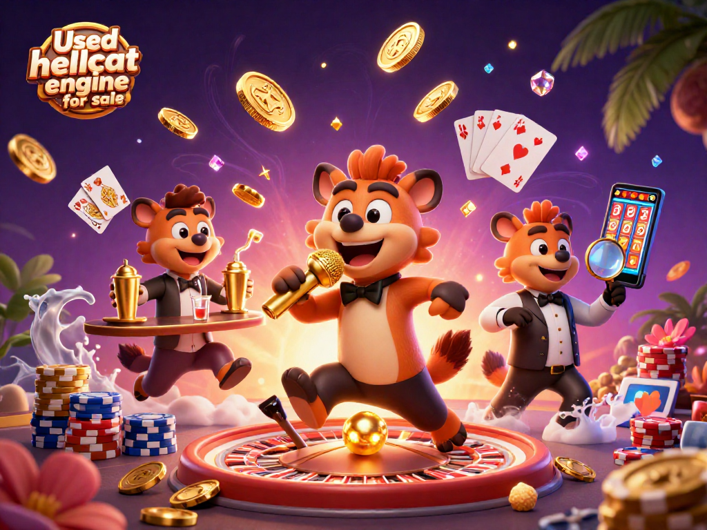 Engage with a vibrant scene showcasing a Used hellcat engine for sale in a comedic casino, featuring lively hyena characters.