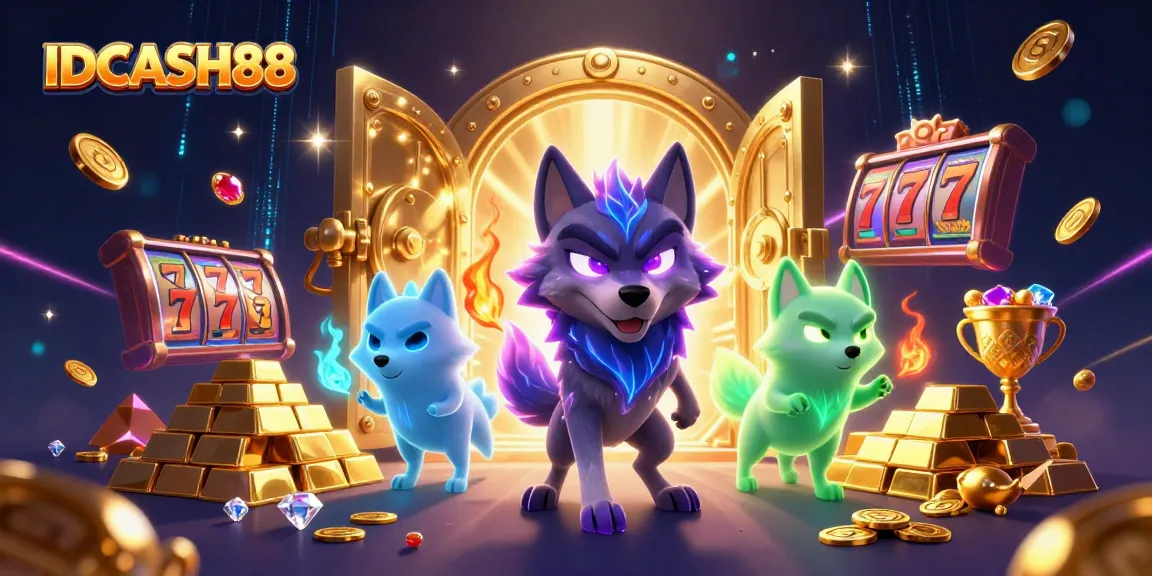 Experience the excitement at IDCASH88 with a vibrant casino scene featuring ghostly wolves and treasure.