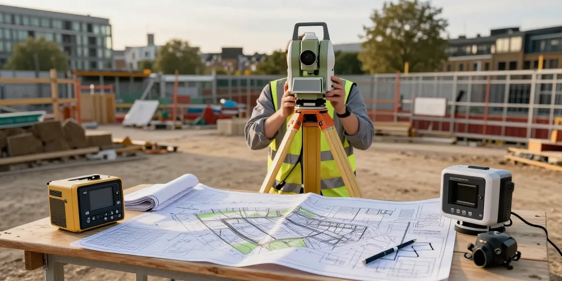 Surveyor conducting topographical land surveys London with advanced equipment in urban environment.
