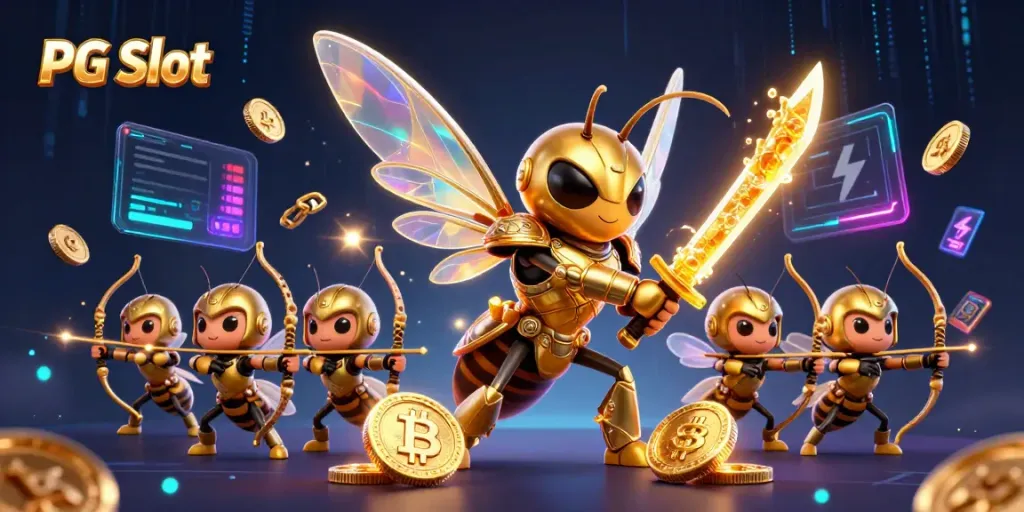Spin the reels and win with PG Slot's vibrant 3D animation featuring golden characters and crypto elements.