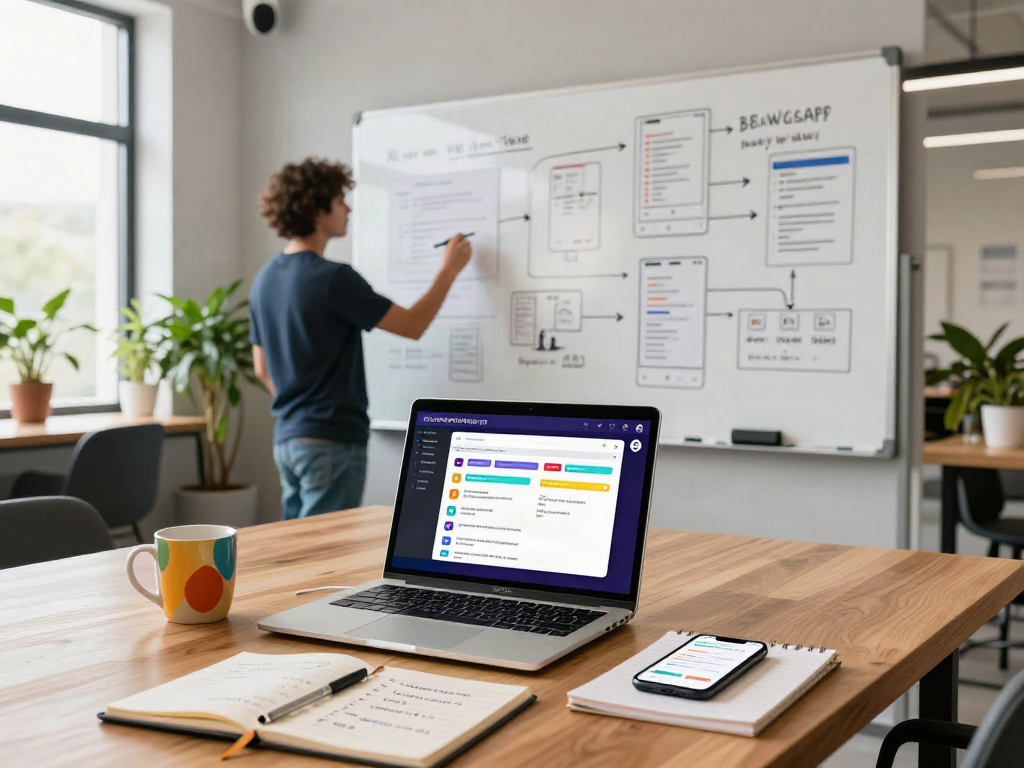 Developer working on GBWhatsApp interface design in a modern workspace with brainstorming notes and coffee.
