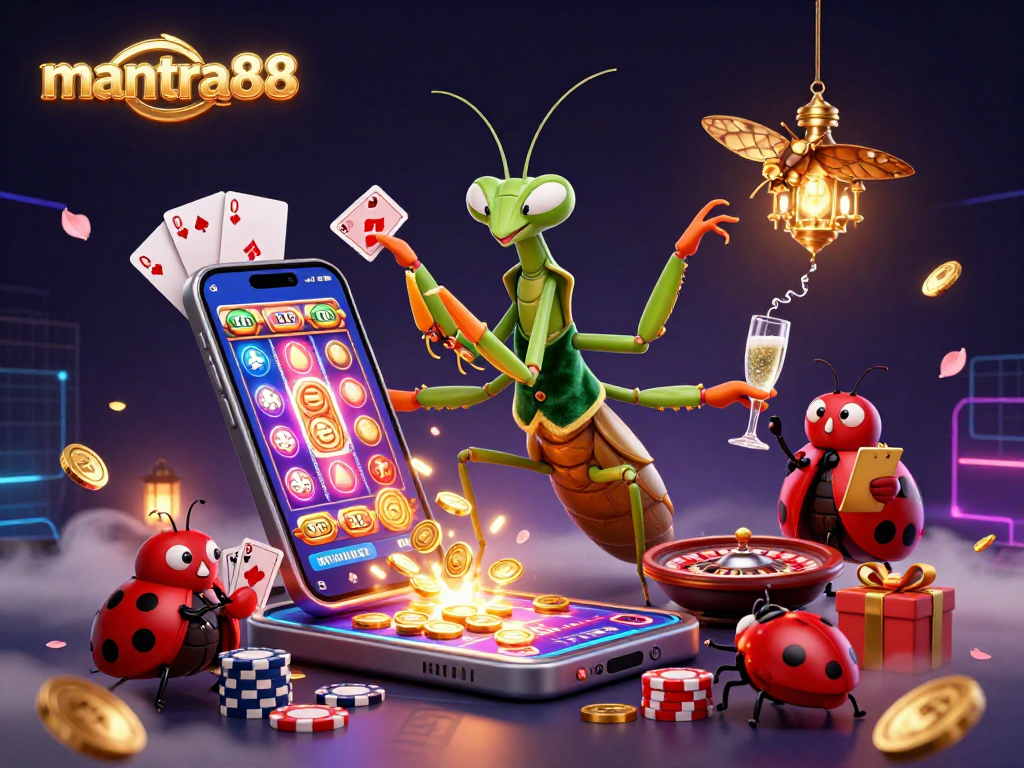 Engage with mantra88's thrilling online games as vibrant characters create a lively casino atmosphere.
