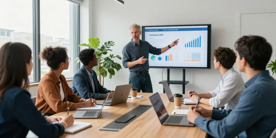Fractional CMO Tom Edwards collaborates with founders in a modern office, focusing on effective SEO Consultant strategies.