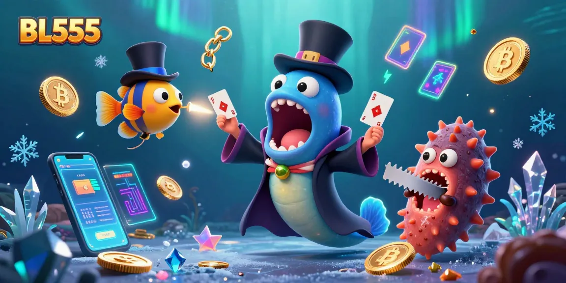 Engage in thrilling card tricks with BL555's bioluminescent eel magician showcasing vibrant crypto elements.
