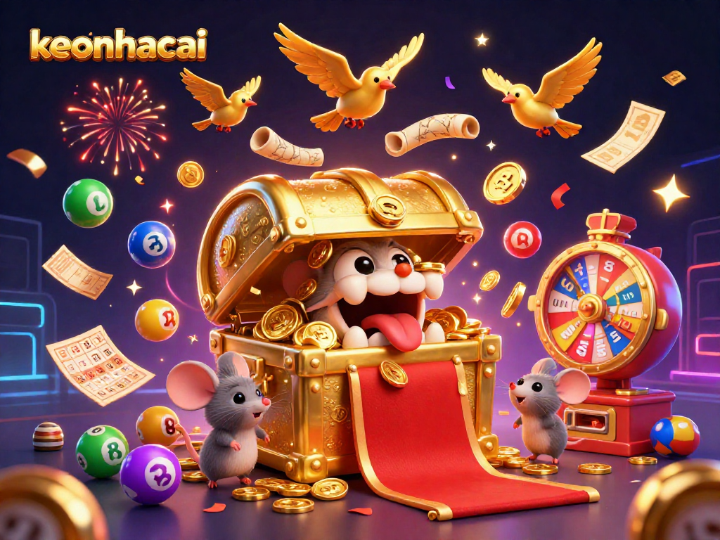 Engage with keonhacai's lively 3D fantasy of enticing adventures and lottery excitement showcased in vibrant illustrations.