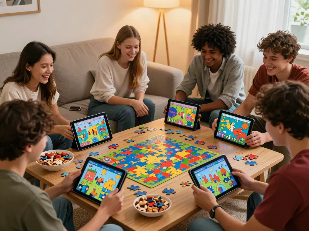 Engaging gameplay at puzzora.net with players solving vibrant digital puzzles in a cozy setting.