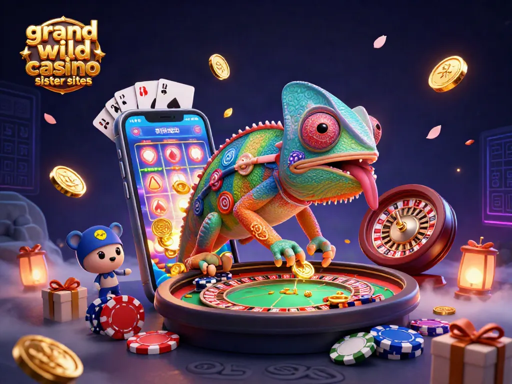 Engage with grand wild casino sister sites featuring a vibrant chameleon casino owner amidst a dynamic casino scene.