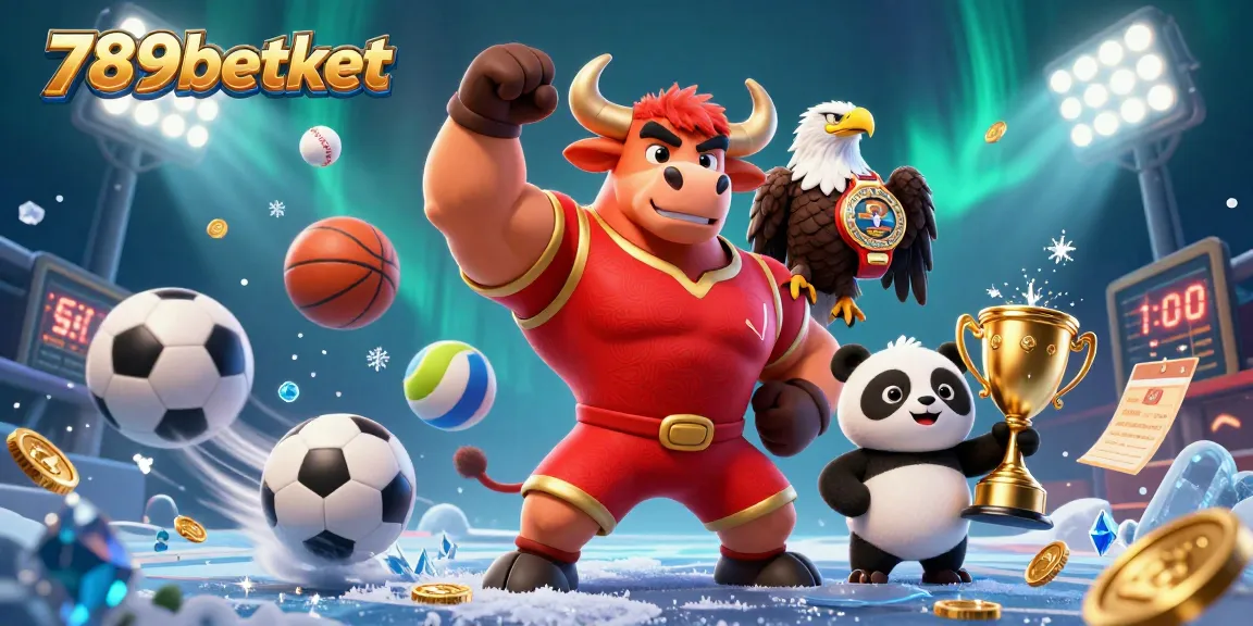 Engage in excitement with 789betket as a muscular bull, eagle, and panda showcase winning in an epic casino atmosphere.