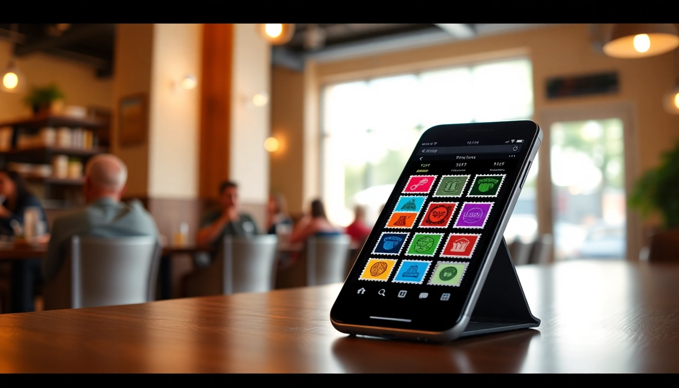 Engaging digital stamp cards on a smartphone showcasing loyalty rewards in a bright cafe environment.