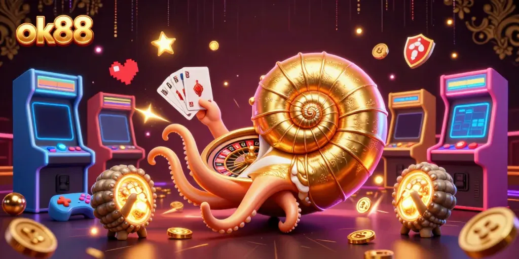 Engage with mesmerizing ok88 gaming experience featuring a giant nautilus roulette and glowing game elements.