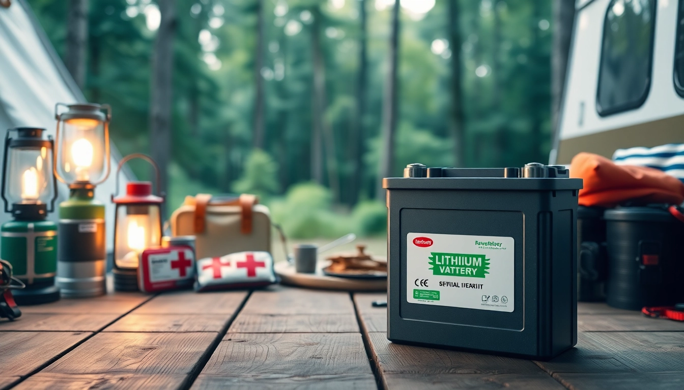 Inspect a lithium RV battery displaying high durability and performance in an outdoor camping setting.