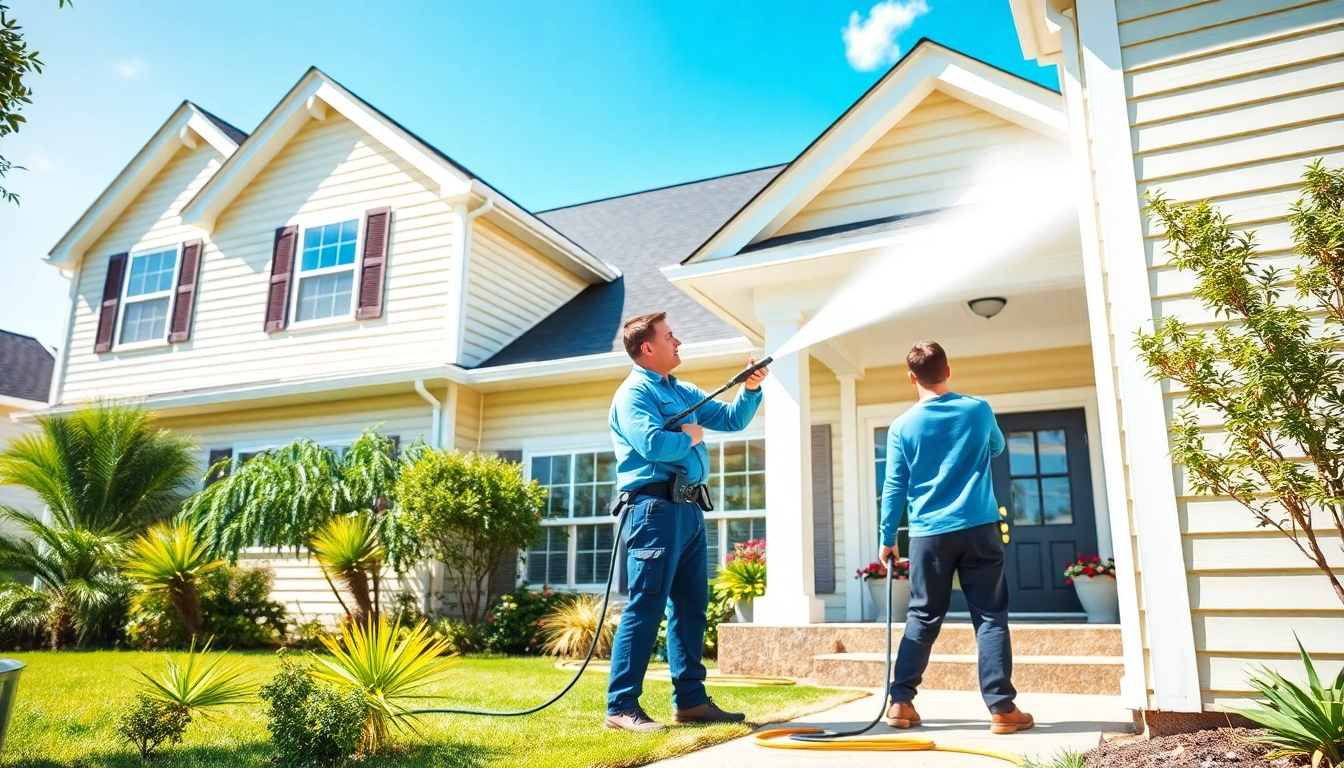 Technician performing house washing for a clean and renewed home exterior.