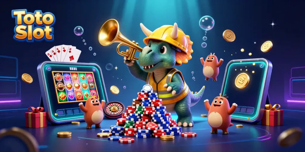 Merayakan kemenangan di Toto Slot dengan triceratops membangun piramida chip poker.