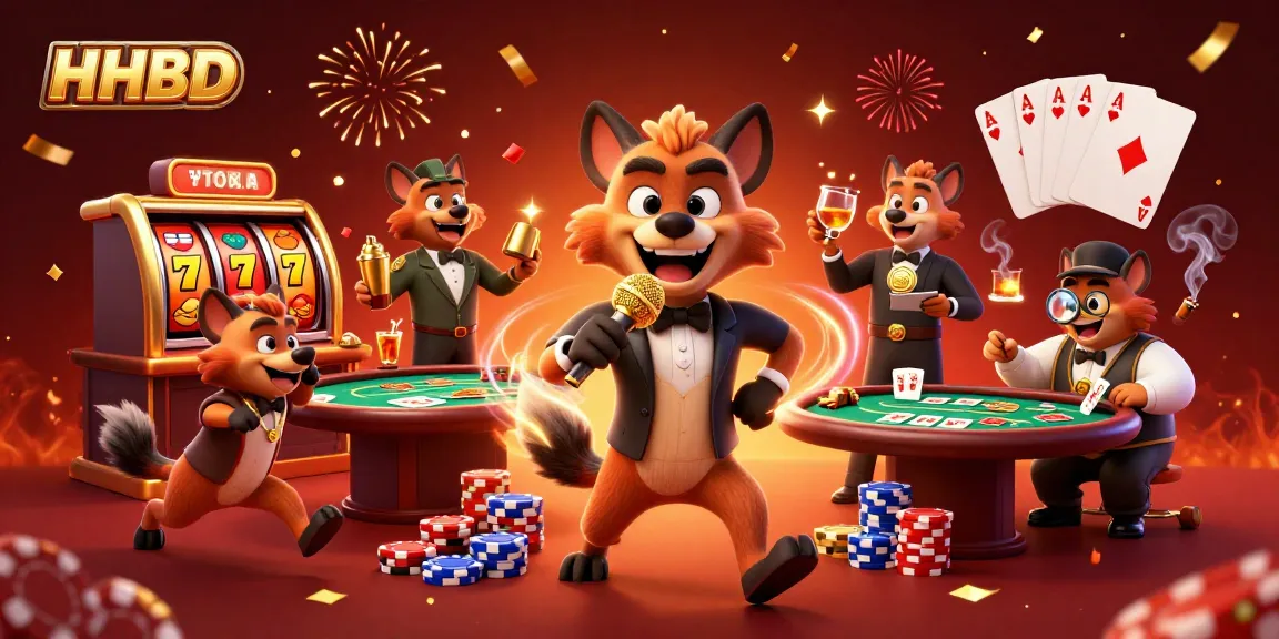 HHBD hyenas entertain at a dynamic comedy casino, featuring slot reels and poker chips.