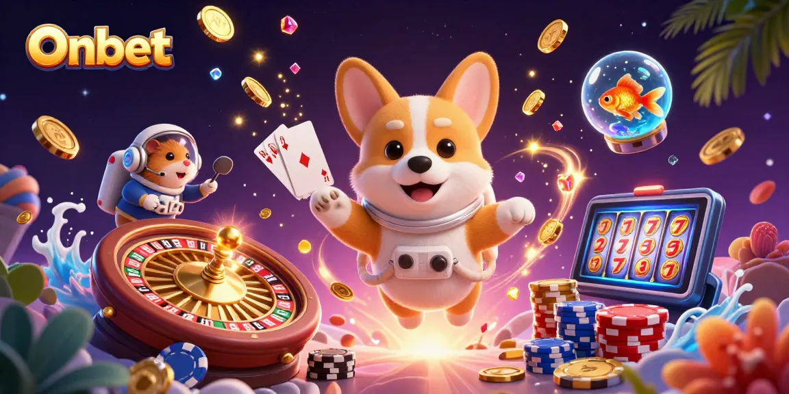 Experience thrilling moments at Onbet with a floating 3D corgi in a vibrant casino scene.