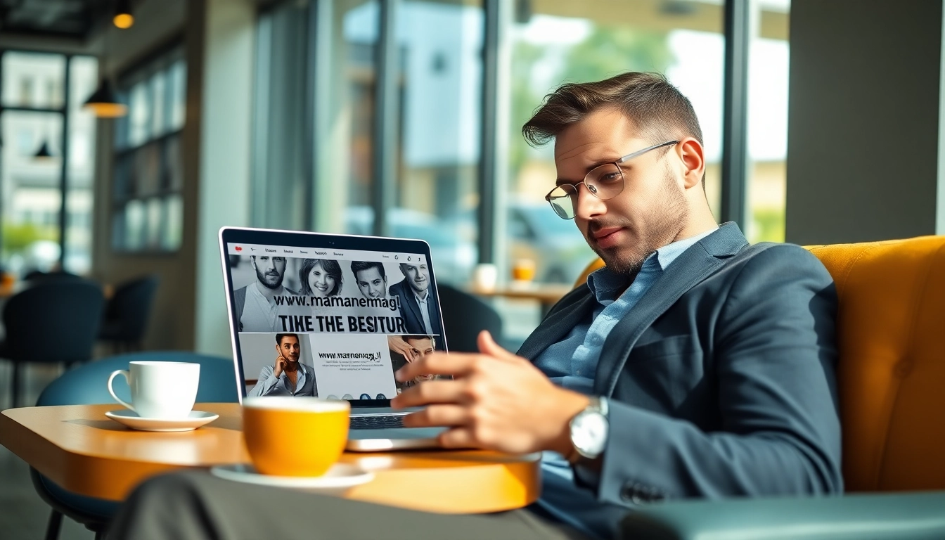 Verken de stijl en kwaliteit van https://www.mannenmag.nl/ in een moderne café setting met een man die geniet van lifestyle artikelen.