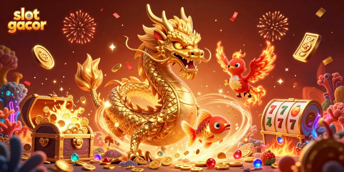 Gairah slot gacor dengan naga emas dan ikan koi melompat di atas koin emas dalam ilustrasi 3D langsung.