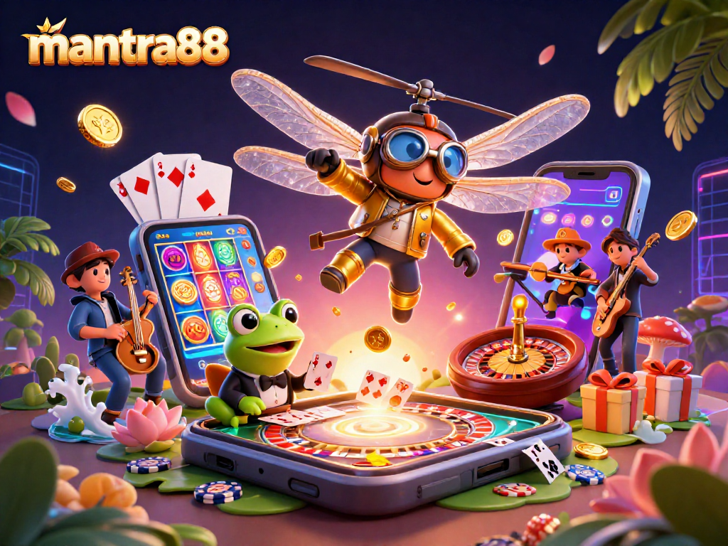Experience thrilling gameplay at mantra88 with vibrant cards and jackpot wins in a dynamic casino scene.