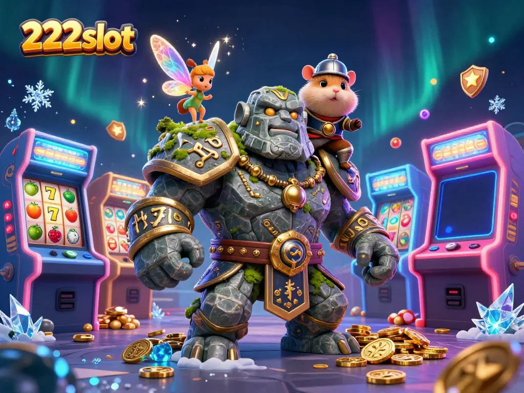 Menangkan jackpot dengan slot, karakter golem hidup, peri, dan hamster bertema 222slot.
