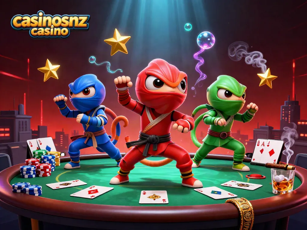 Engage in thrilling gameplay at casinosnz casino with a vibrant illustration featuring ninja chameleons.