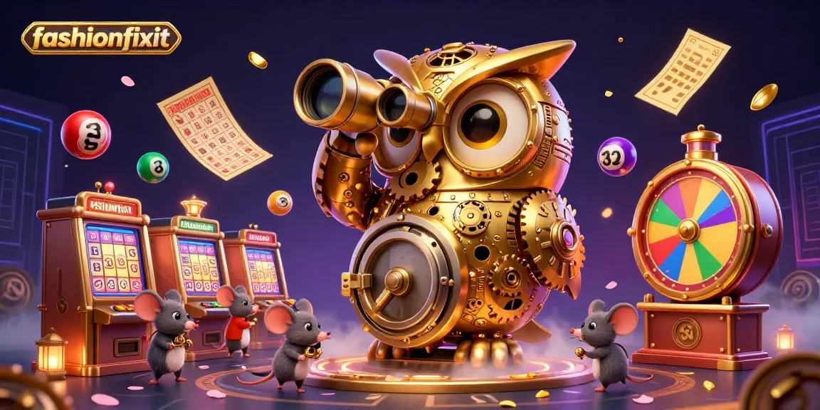 Fashionfixit showcases a vibrant online casino scene with a clockwork owl, dynamic games, and animated elements.