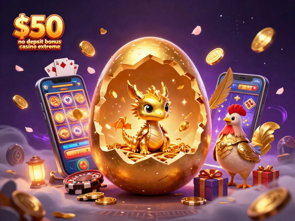 Win with $50 no deposit bonus casino extreme, featuring a golden dragon and poker chips, in action-packed scene.