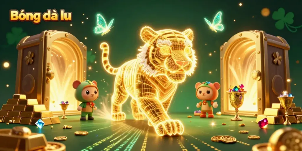 Bóng đá lu showcases a vibrant digital casino scene filled with treasures and pulsating energy.