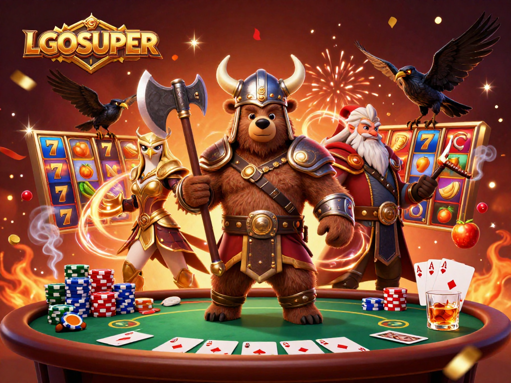 Experience excitement at LGOSUPER with vibrant slot reels, jackpots, and colorful casino elements.