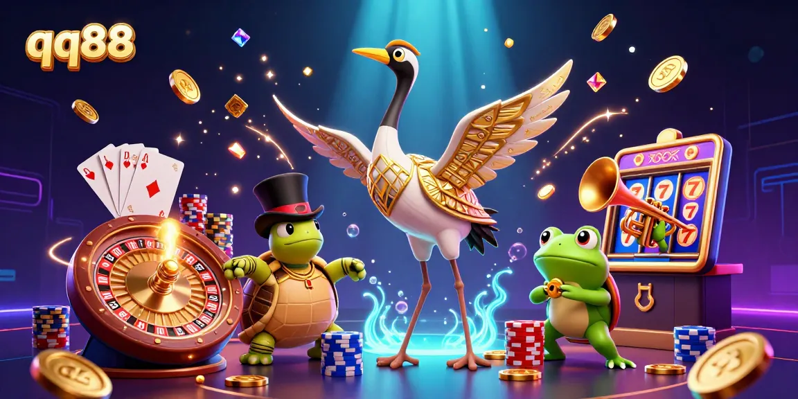 Bet on qq88 with cartoon characters enjoying a vibrant casino atmosphere filled with gold coins and cards.