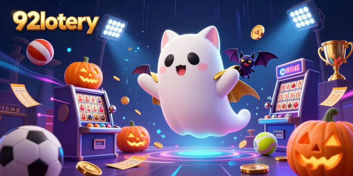 Experience the excitement of 92lottery with a vibrant 3D illustration of a ghost cat and bat amidst glowing lottery elements.