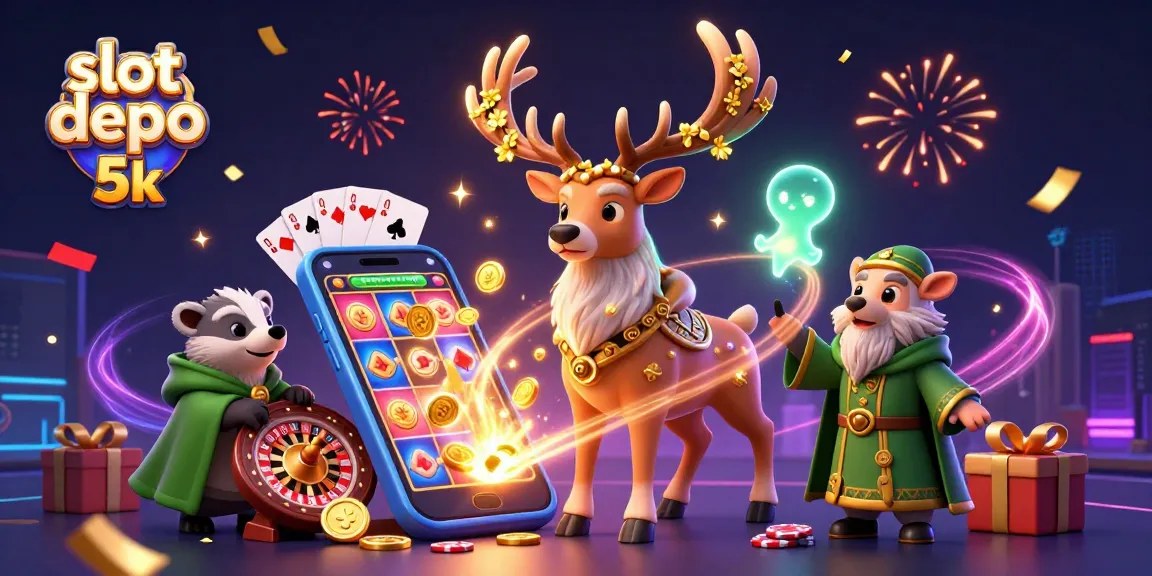 Engage with slot depo 5k through thrilling 3D illustration featuring vibrant slot game elements and magical characters.