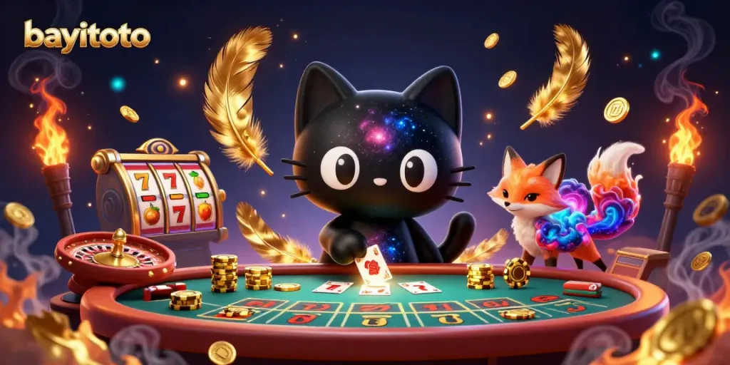 Taruhan seru di bayitoto dengan kucing hitam dan rubah nebula mengelilingi meja kasino.