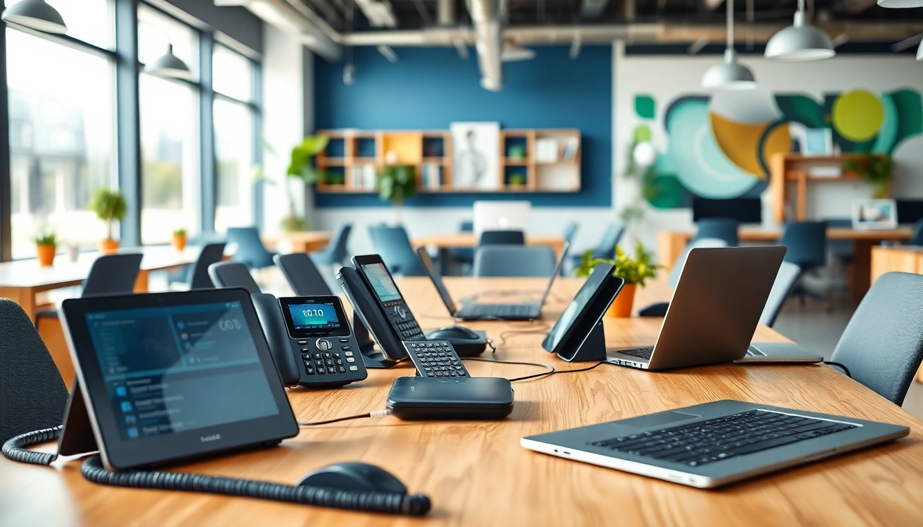 VoIP providers Manchester showcasing professional office setup with sleek devices.